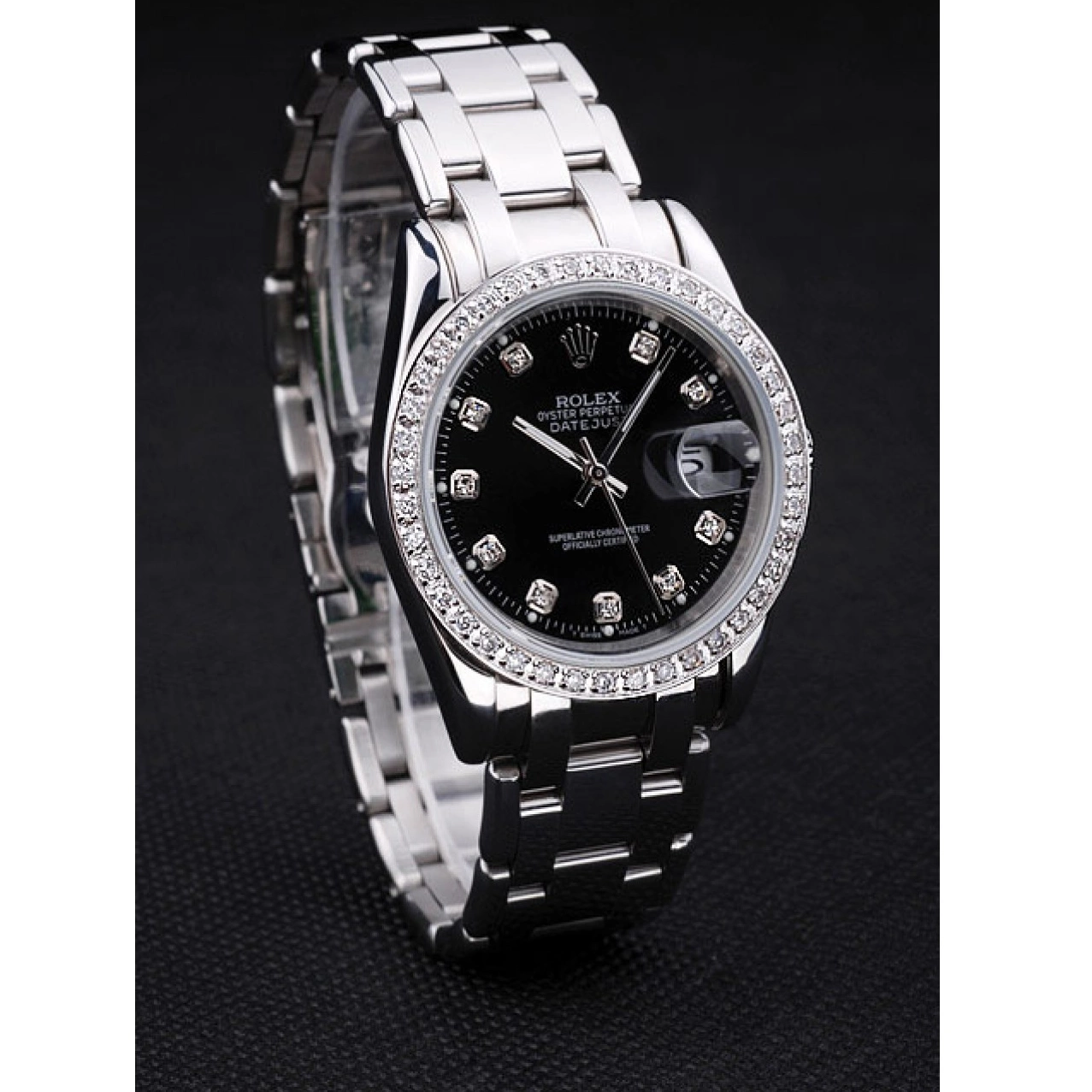 AAA Replica Watches Steel Black DateJust Rolex Bracelet Bezel Stainless Dial Diamond 0721